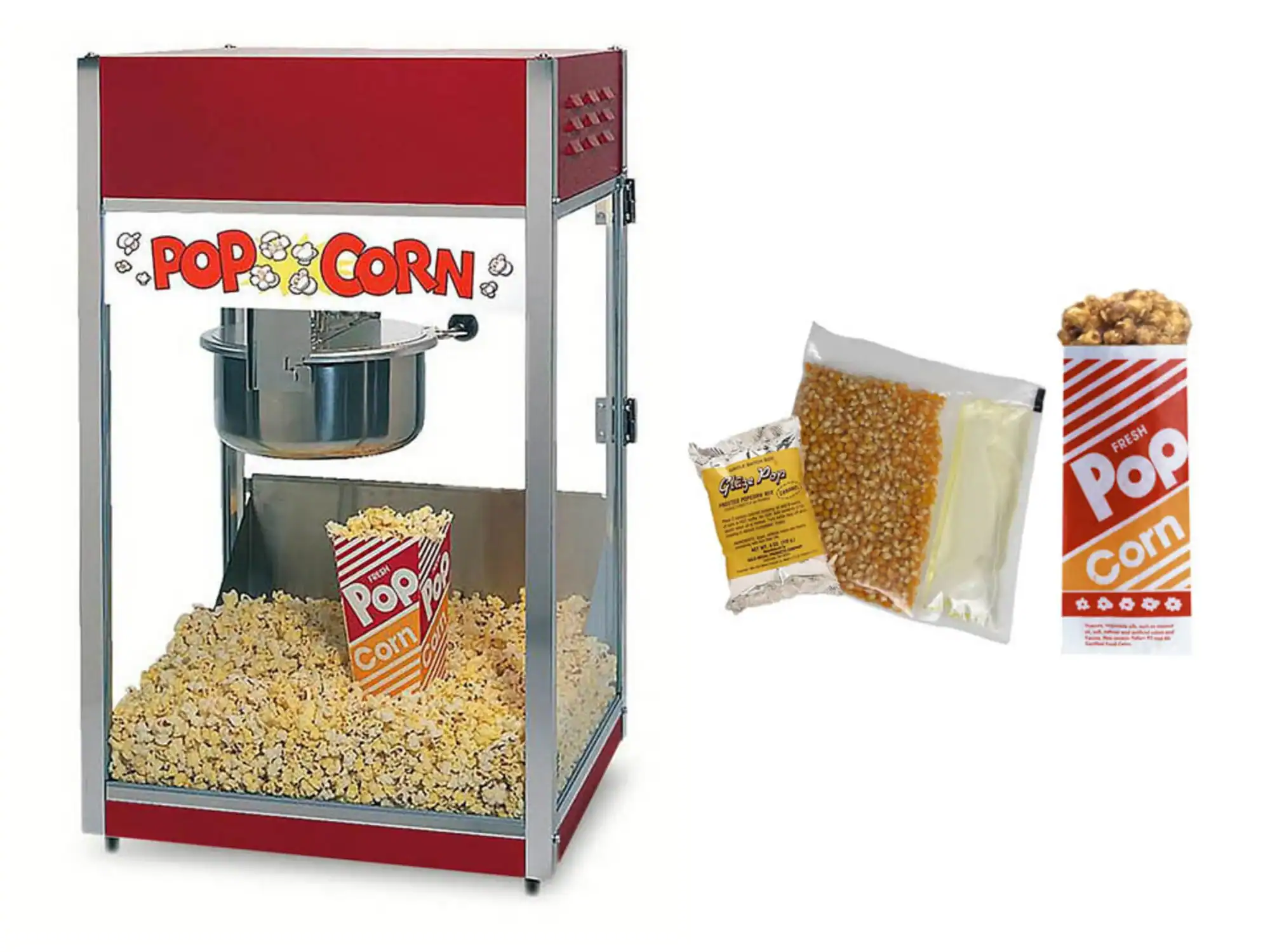 Party Kids America Popcorn Machine Popcorn machine with popcorn and bags at Party Kids America.